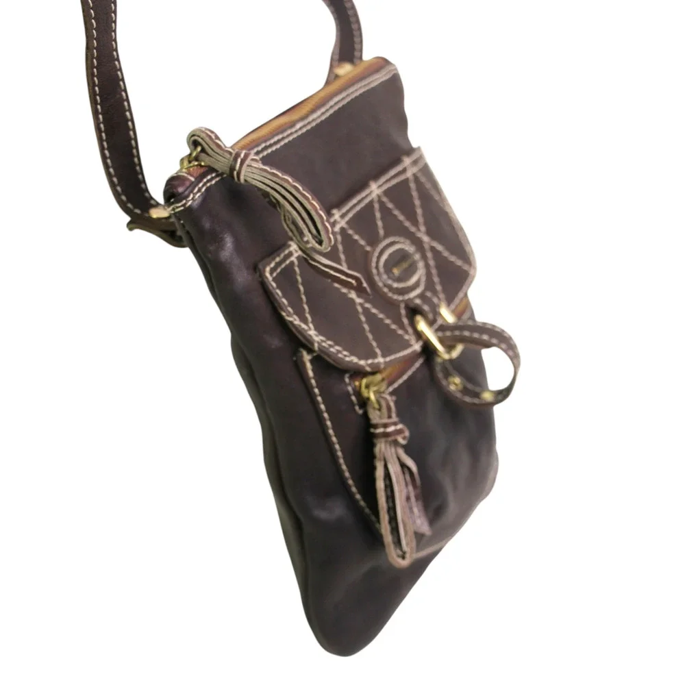 Marco Buggiani BROWN GENUINE LEATHER X-BODY ZIP TOP PURSE SHOULDER BAG HANDBAG